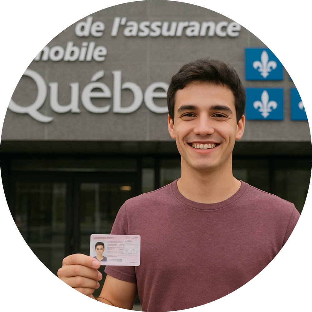Image of a guy in his 20's holding class 5 license in his hand outside SAAQ Office