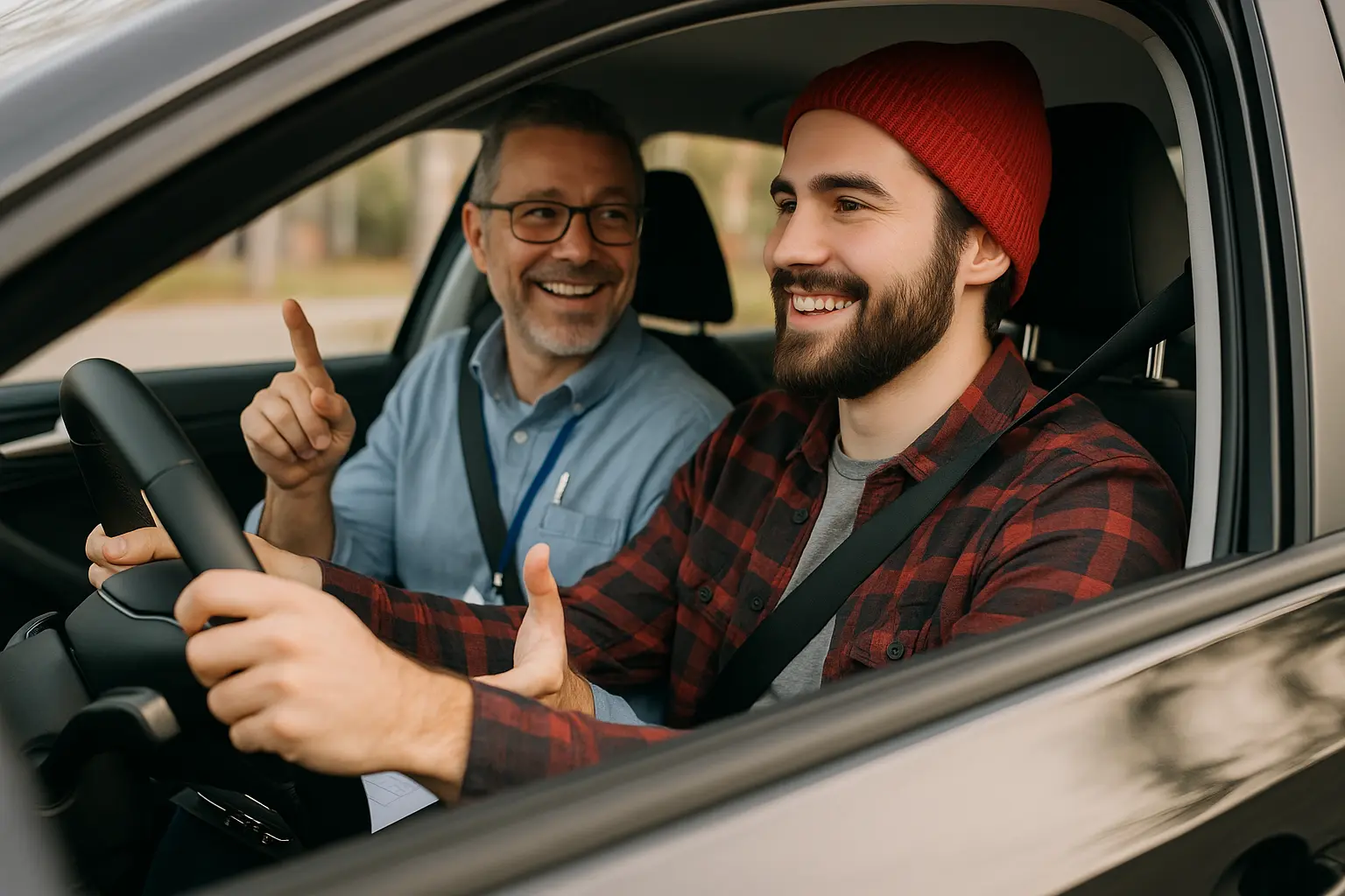 Driving image of a student and a instructor in car